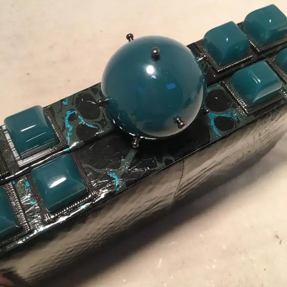 Tonya Hawkes Black Teal and Green Leather Paint Splatter Convertible Clutch - Picture 5 of 8